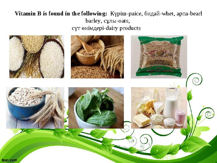 Vitamin B is found in the following: Күріш-paice, бидай-whet, арпа-bearl barley, сұлы-oats, сүт өнімдері-dairy products