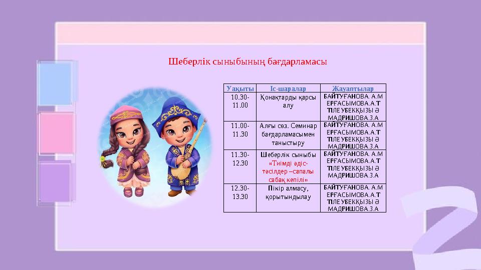Уақыты Іс-шаралар Жауаптылар 10.30- 11.00 Қонақтарды қарсы алу БАЙТУҒАНОВА. А.М ЕРҒАСЫМОВА.А.Т ТІЛЕУБЕКҚЫЗЫ Ә МАДРИ