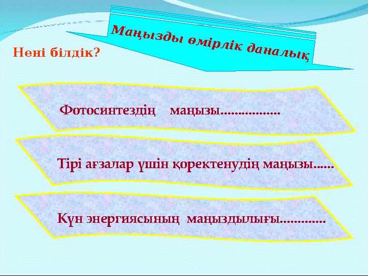 Маңызды өмірлік даналықНені білдік? Фотосинтездің маңызы................. Тірі ағзалар үшін қоректенудің маңызы...... Күн эне