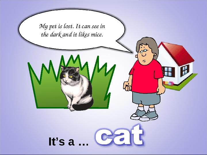 My pet is lost. It can see in the dark and it likes mice. It’s a …