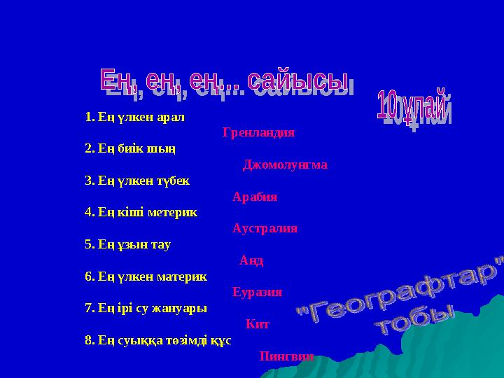 1. Ең үлкен арал Гренландия 2. Ең биік шың