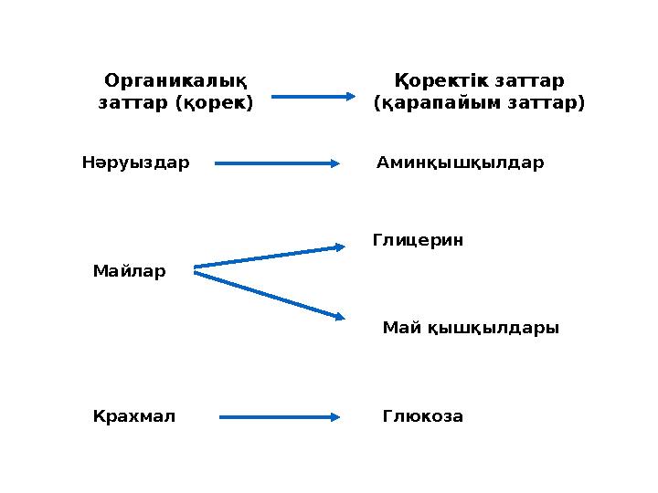 Органикалық заттар (қорек) Қоректік заттар (қарапайым заттар) Крахмал Глюкоза Нәруыздар Аминқышқылдар Майлар Глицерин Май