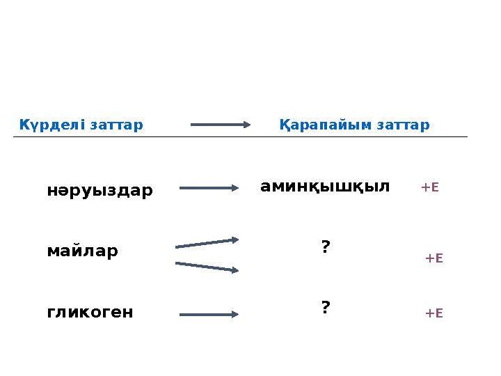 Күрделі заттар Қарапайым заттар +Е +Е +Е нәруыздар майлар гликоген аминқышқыл ? ?