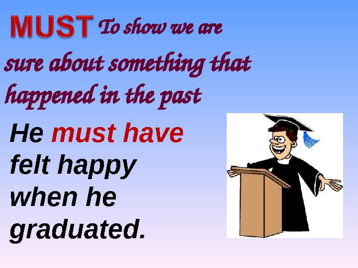 To show we are He must have felt happy when he graduated.sure about something that happened in the past