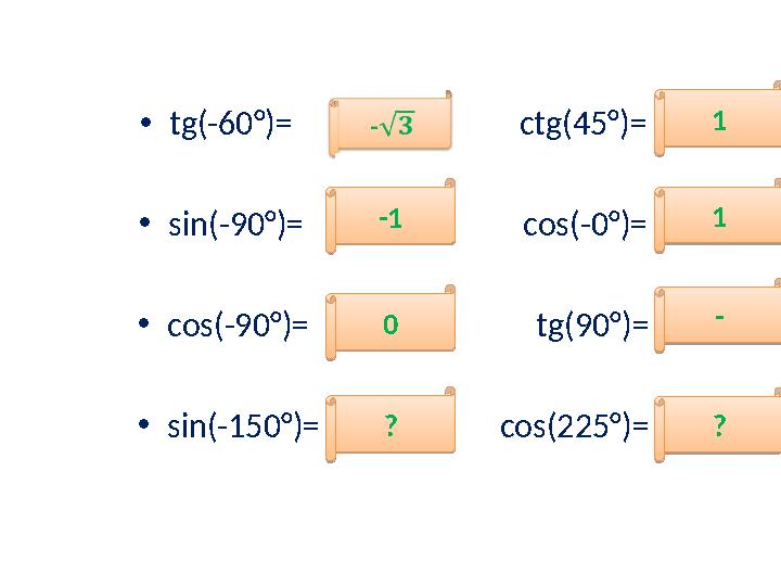 • tg(- 60° )= ctg( 45° )= • sin(- 90° )= cos(- 0° )= • cos(-9 0° )=