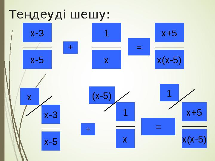Теңдеуді шешу: х-3 х-5 х+5 х(х-5)= 1 х х+5 х(х-5)=х (х-5)+х-3 х-5 1 х + 1