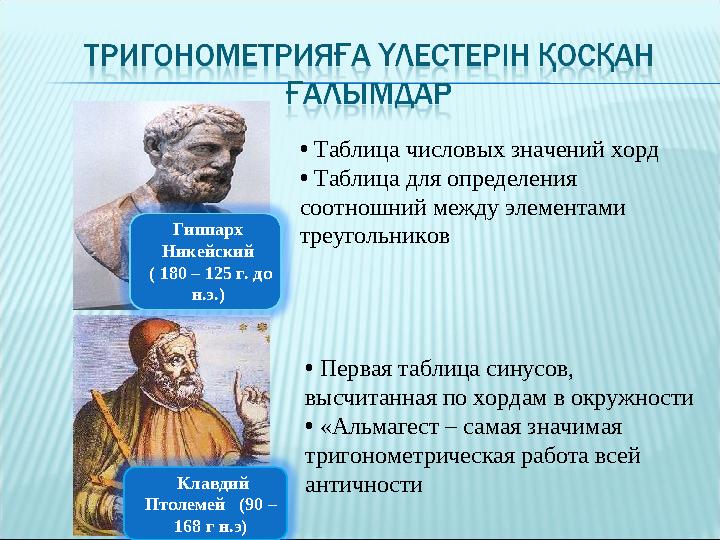 Гиппарх Никейский ( 180 – 125 г. до н.э.) • Таблица числовых значений хорд • Таблица для определения соотношний между э