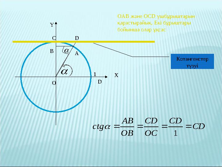 Котангенстер түзуіY  XA O D1 OAB және OCD үшбұрыштарын қарастырайық . Екі бұрыштары бойынша олар ұқсас B C D  CD CD