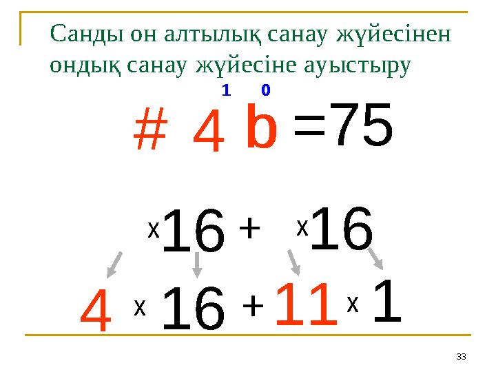 33xСанды он алтылық санау жүйесінен ондық санау жүйесіне ауыстыру 01 b 4# 0 b 161 4 + 16 1+ 16 4 = 75 x x 11x