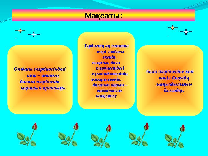 Мақсаты: Отбасы тәрбиесіндегі ата – ананың балаға тәрбиелік ықпалын арттыру. Тәрбиенің ең тамаша жері отбасы екенін, ола
