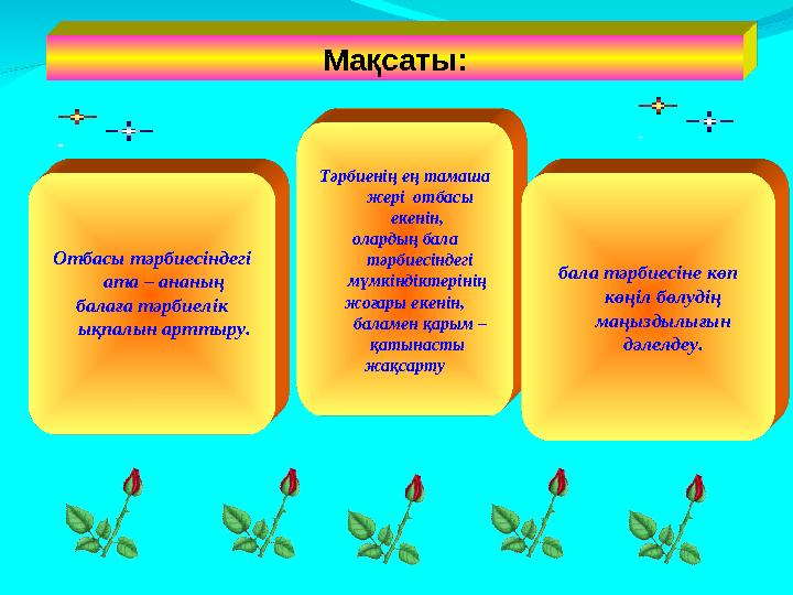 Мақсаты: Отбасы тәрбиесіндегі ата – ананың балаға тәрбиелік ықпалын арттыру. Тәрбиенің ең тамаша жері отбасы екенін, ола