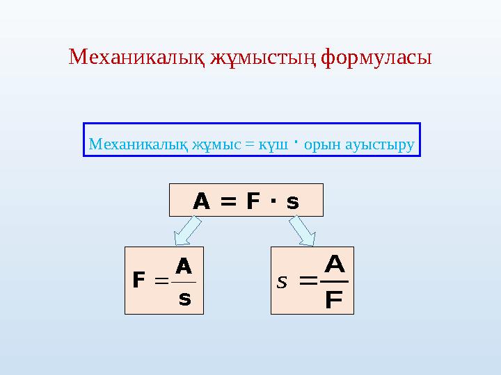 Механикалық жұмыстың формуласы Механикалық жұмыс = күш · орын ауыстыру A = F ∙ ss A F  F A  s