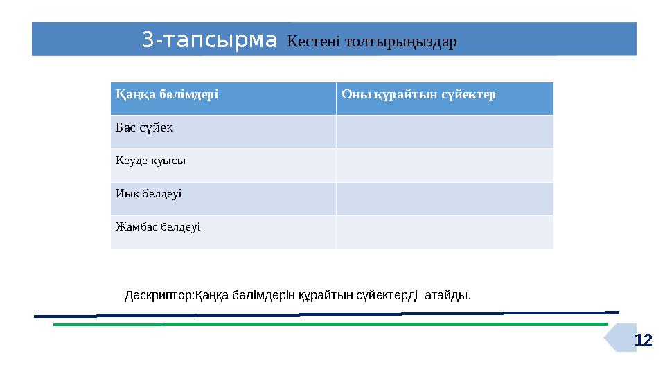123-тапсырма Дескриптор :Қаңқа бөлімдерін құрайтын сүйектерді атайды. Кестені толтырыңыздар Қаңқа бөлімдері Оны құрайтын сүйект