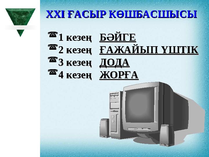 XXI XXI ҒАСЫР КӨШБАСШЫСЫҒАСЫР КӨШБАСШЫСЫ  1 кезең 1 кезең БӘЙГЕБӘЙГЕ  2 кезе2 кезе ң ң ҒАЖАЙЫП ҮШТІКҒАЖАЙЫП ҮШТІК 