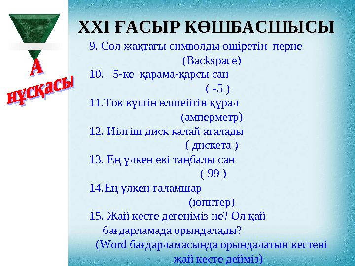 XXI XXI ҒАСЫР КӨШБАСШЫСЫҒАСЫР КӨШБАСШЫСЫ 9. Сол жақтағы символды өшіретін перне ( Backspace ) 10. 5- ке қарама - қарсы са