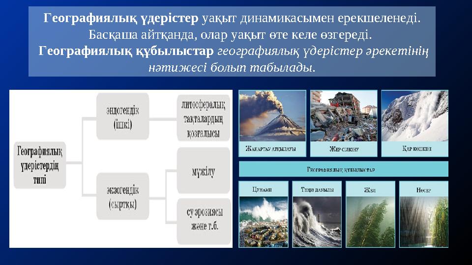 Географиялық үдерістер уақыт динамикасымен ерекшеленеді. Басқаша айтқанда, олар уақыт өте келе өзгереді. Географиялық құбылы