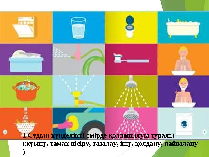 1.Судың күнделікті өмірде қолданылуы туралы (жуыну, тамақ пісіру, тазалау, ішу, қолдану, пайдалану )