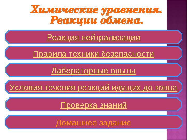 7 Правила техники безопасности Реакция нейтрализации Лабораторные опыты Условия течения реакций идущих до конца Проверка знаний