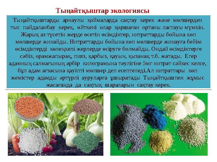 Тыңайтқыштарды арнаулы қоймаларда сақтау керек және мөлшерден тыс пайдаланбау керек, өйткені олар қоршаған ортаны