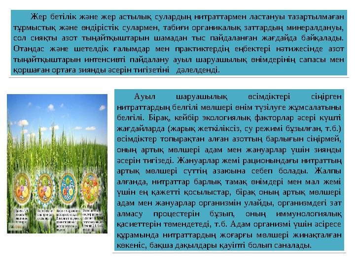 Жер бетілік және жер астылық сулардың нитраттармен ластануы тазартылмаған тұрмыстық және өндірістік сулармен, табиғ