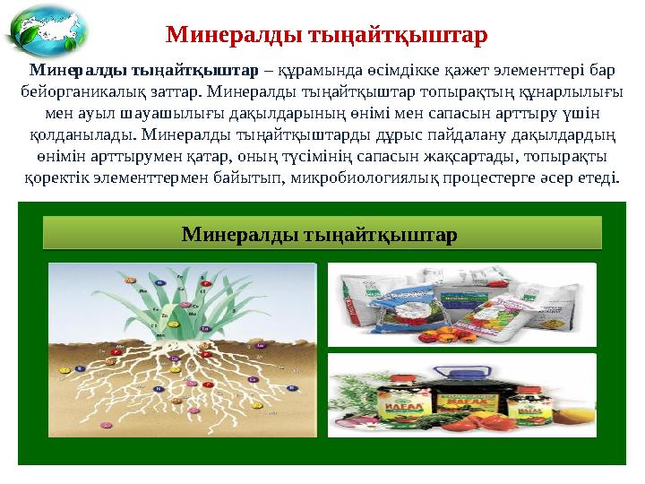 Минералды тыңайтқыштар – құрамында өсімдікке қажет элементтері бар бейорганикалық заттар. Минералды тыңайтқыштар топырақтың құ