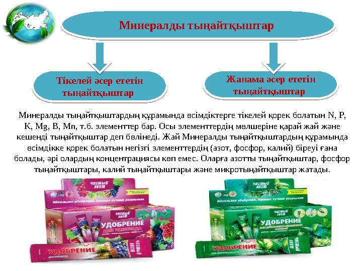 Минералды тыңайтқыштардың құрамында өсімдіктерге тікелей қорек болатын N, P, K, Mg, B, Mn, т.б. элементтер бар. Осы элементте