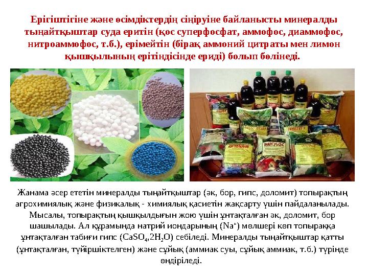 Жанама әсер ететін минералды тыңайтқыштар (әк, бор, гипс, доломит) топырақтың агрохимиялық және физикалық - химиялық қасиетін ж