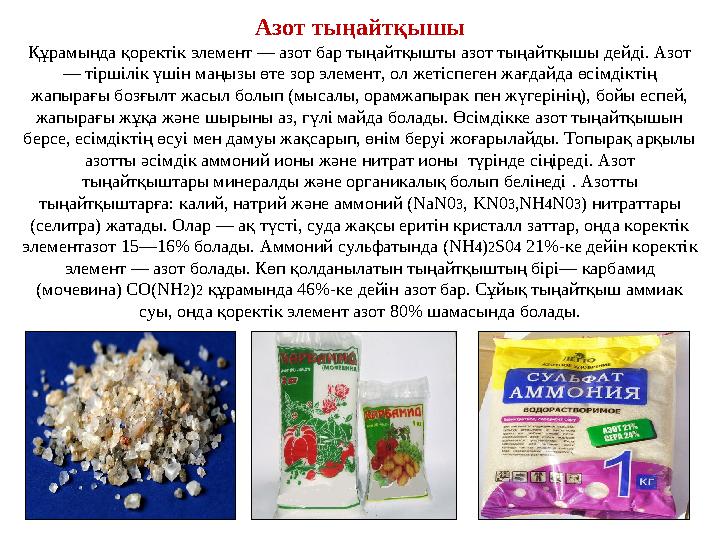 Азот тыңайтқышы Құрамында қоректік элемент — азот бар тыңайтқышты азот тыңайтқышы дейді. Азот — тіршілік үшін маңызы өте зор эл