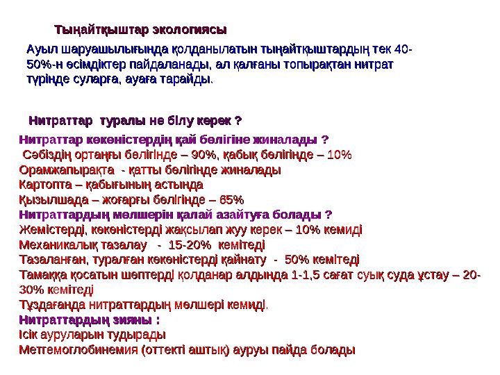 ТТ ыңайтқыштар экологиясыыңайтқыштар экологиясы Ауыл шаруашылығында қолданылатын тыңайтқыштардың тек 40-Ауыл шаруашылығында қолд