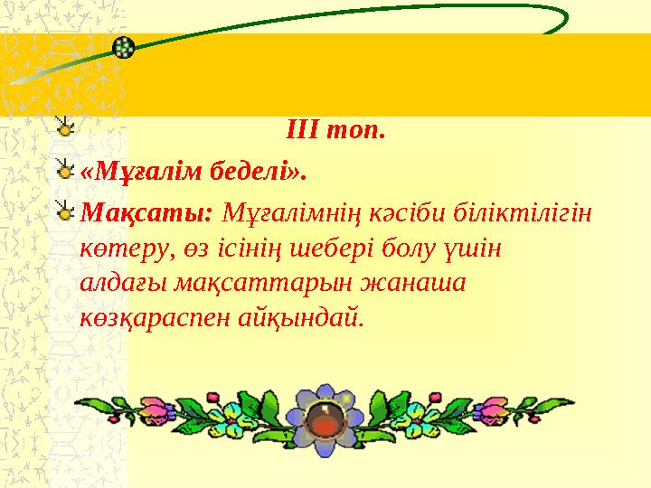 ІІІ топ. «Мұғалім беделі». Мақсаты: Мұғалімнің кәсіби біліктілігін көтеру, өз ісінің шебері бо