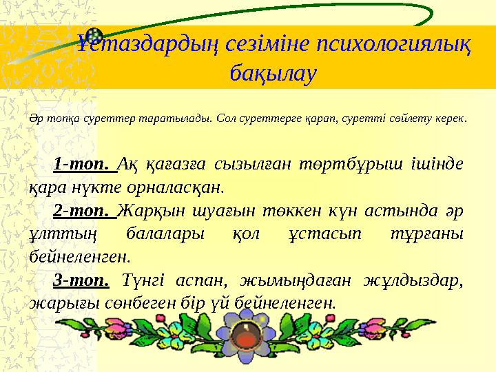 Ұстаздардың сезіміне психологиялық бақылау 1-топ. Ақ қағазға сызылған төртбұрыш ішінде қара нүкте орналасқан. 2-топ. Жар