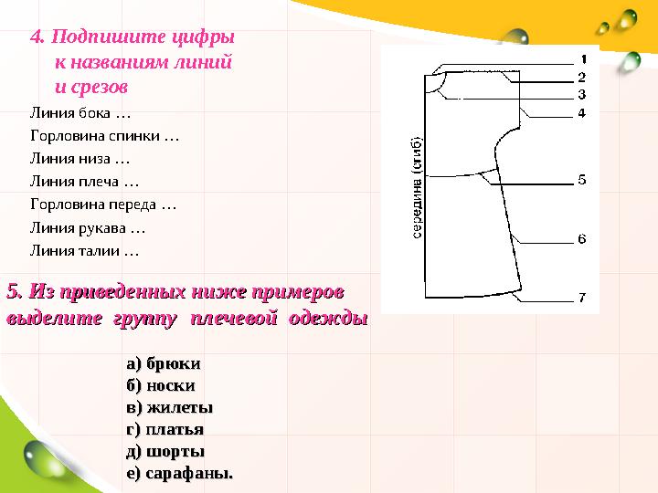 4. Подпишите цифры к названиям линий и срезов Линия бока … Горловина спинки … Линия низа … Линия плеча … Горловина переда … Ли