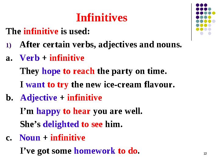 Infinitives The infinitive is used: 1) After certain verbs, adjectives and nouns. a. Verb + infinitive They hope