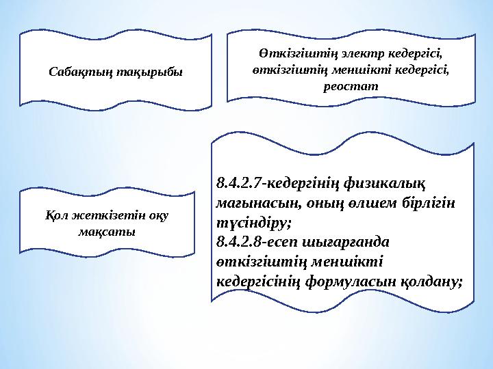 Сабақтың тақырыбы Қол жеткізетін оқу мақсаты Өткізгіштің электр кедергісі, өткізгіштің меншікті кедергісі, реостат 8.4.2.7-ке