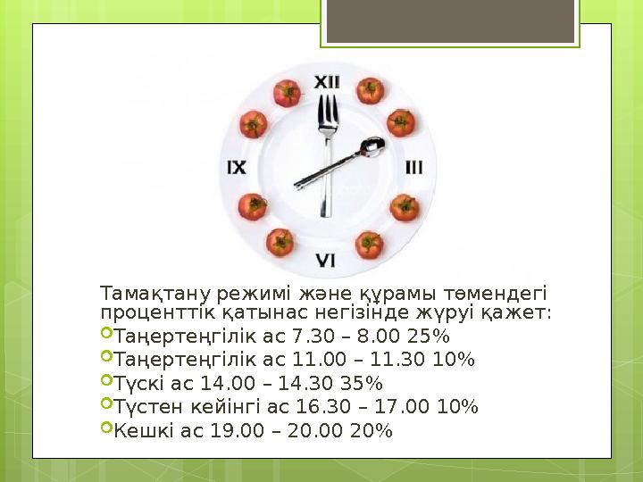 Тамақтану режимі және құрамы төмендегі проценттік қатынас негізінде жүруі қажет:  Таңертеңгілік ас 7.30 – 8.00 25%  Таңертең