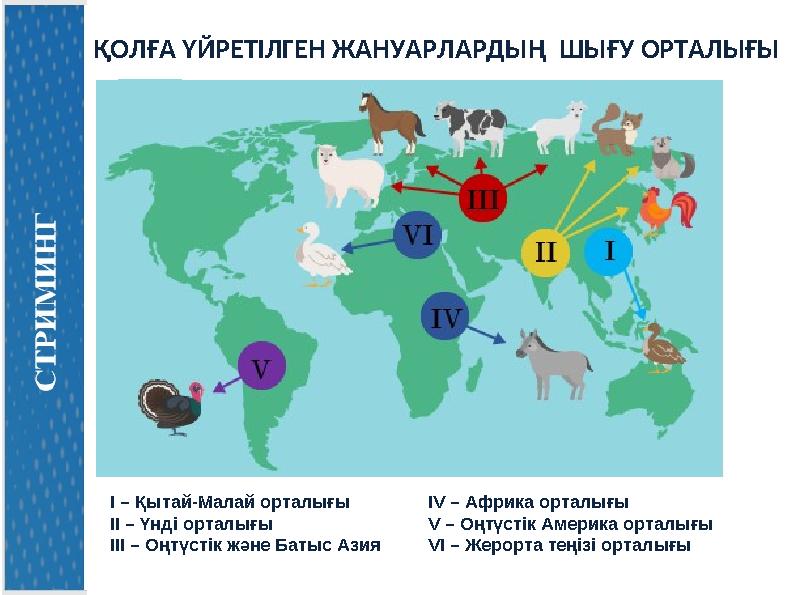 ҚОЛҒА ҮЙРЕТІЛГЕН ЖАНУАРЛАРДЫҢ ШЫҒУ ОРТАЛЫҒЫ I – Қытай-Малай орталығы IV – Африка орталығы II – Үнді орталығы V – Оңтүстік Амери