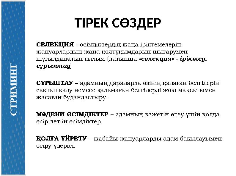 ТІРЕК СӨЗДЕР СЕЛЕКЦИЯ - өсімдіктердің жаңа іріктемелерін, жануарлардың жаңа қолтұқымдарын шығарумен шұғылданатын ғылым (латынш