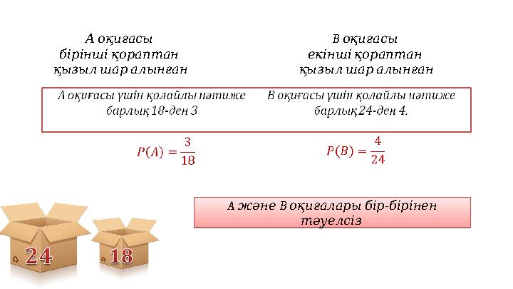 Аоқиғасы біріншіқораптан қызылшаралынған B оқиғасы екіншіқораптан қызылшаралынғанA және B - оқиғаларыбір бірі