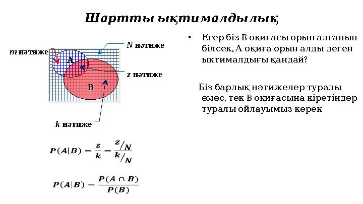 Шарттыықтималдылық • Егербіз B оқиғасыорыналғанын , білсек Аоқиғаорыналдыдеген ? ықтималдығықандай Бізбарлықнәтиже