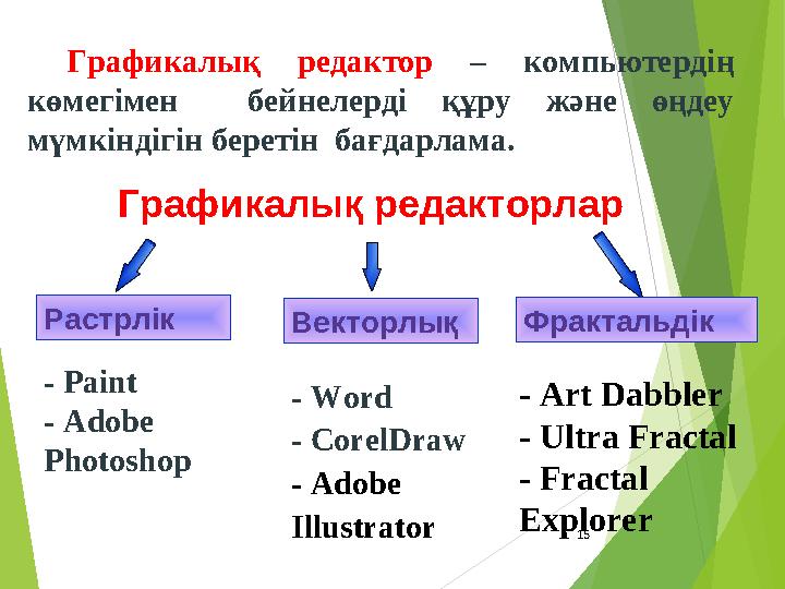 15 Графикалық редакторлар - Paint - Adobe Photoshop - Word - CorelDraw - Adobe Illustrator ВекторлықРастрлік Графикалы