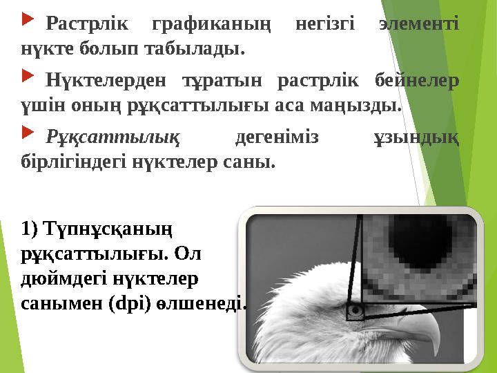 Растрлік графиканың негізгі элементі нүкте болып табылады. Нүктелерден тұратын растрлік бейнелер үшін оның рұқсаттыл