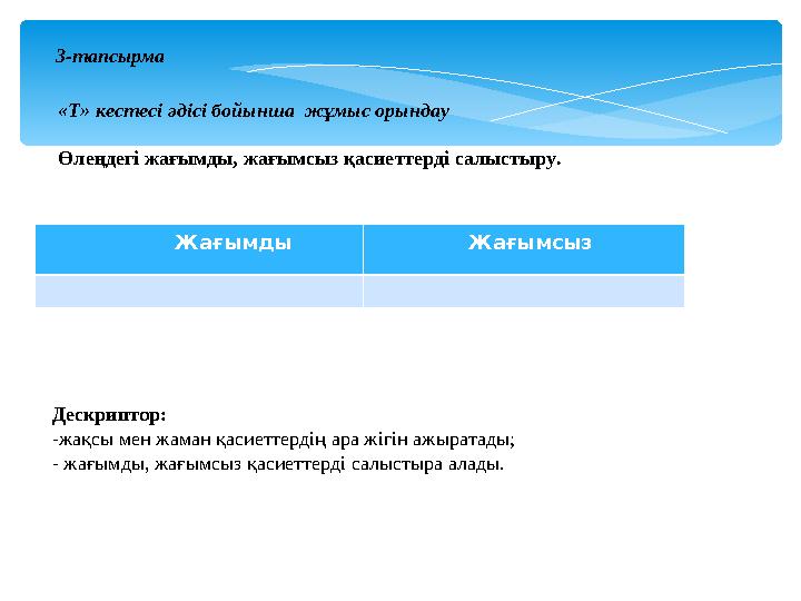 3-тапсырма «Т» кестесі әдісі бойынша жұмыс орындау Өлеңдегі жағымды, жағымсыз қасиеттерді салыстыру. Жағым