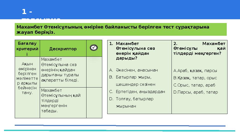 37 Частных детских сада 1 - тапсырма Махамбет Өтемісұлының өміріне байланысты берілген тест сұрақтарына жауап беріңіз. Баға