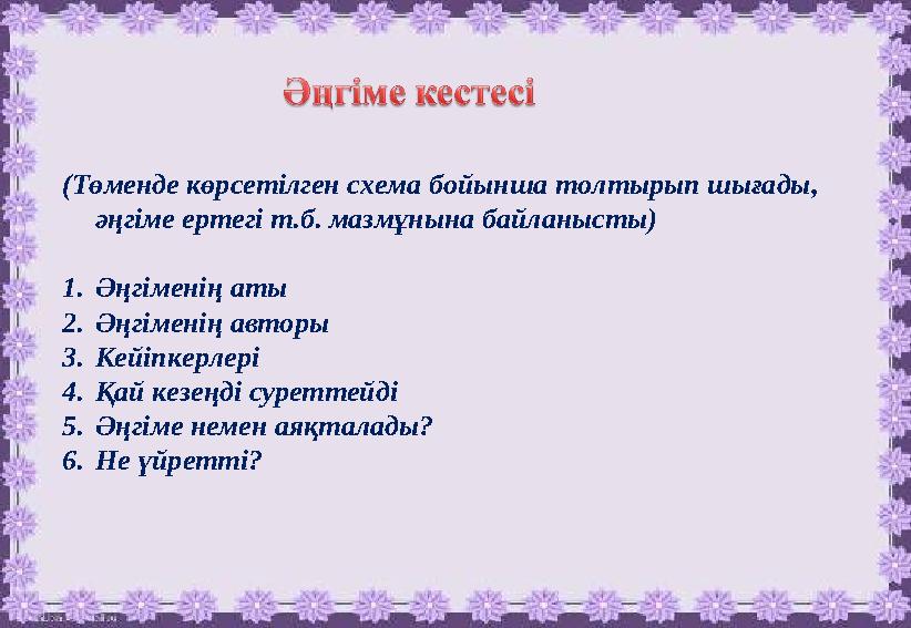 (Төменде көрсетілген схема бойынша толтырып шығады, әңгіме ертегі т.б. мазмұнына байланысты) 1.Әңгіменің аты 2.Әңгіменің авторы