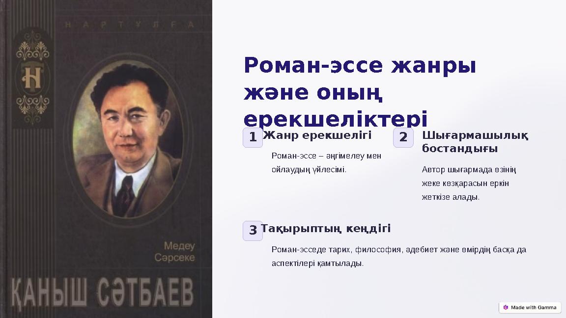 Роман-эссе жанры және оның ерекшеліктері 1Жанр ерекшелігі Роман-эссе – әңгімелеу мен ойлаудың үйлесімі. 2Шығармашылық боста