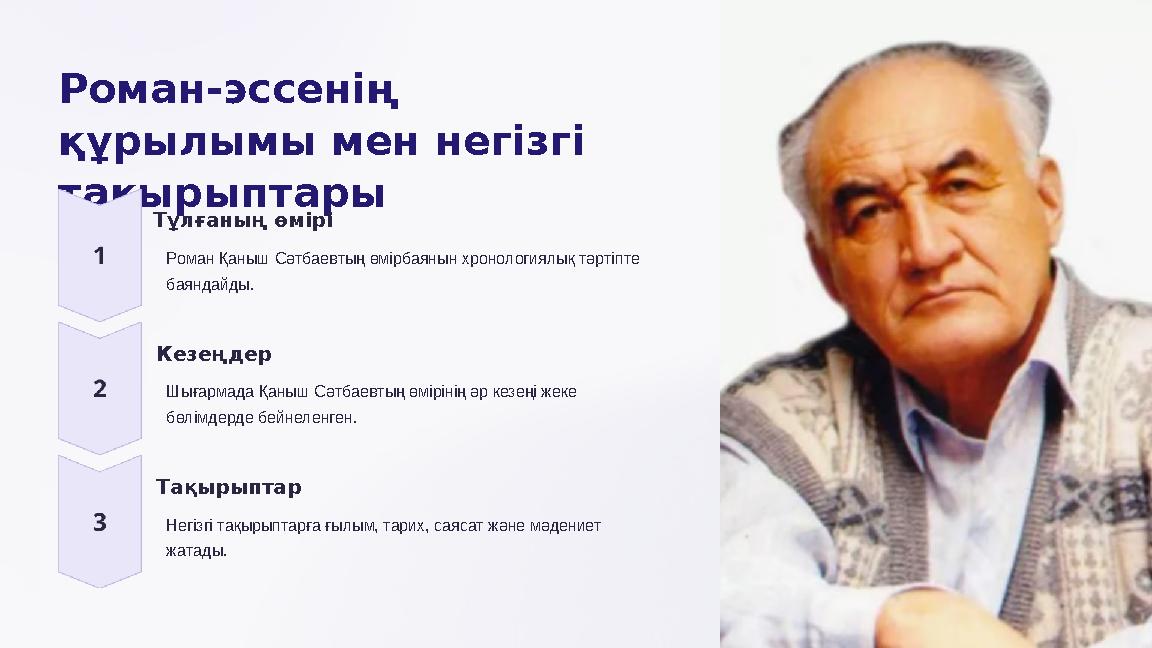 Роман-эссенің құрылымы мен негізгі тақырыптары Тұлғаның өмірі Роман Қаныш Сәтбаевтың өмірбаянын хронологиялық тәртіпте баянд