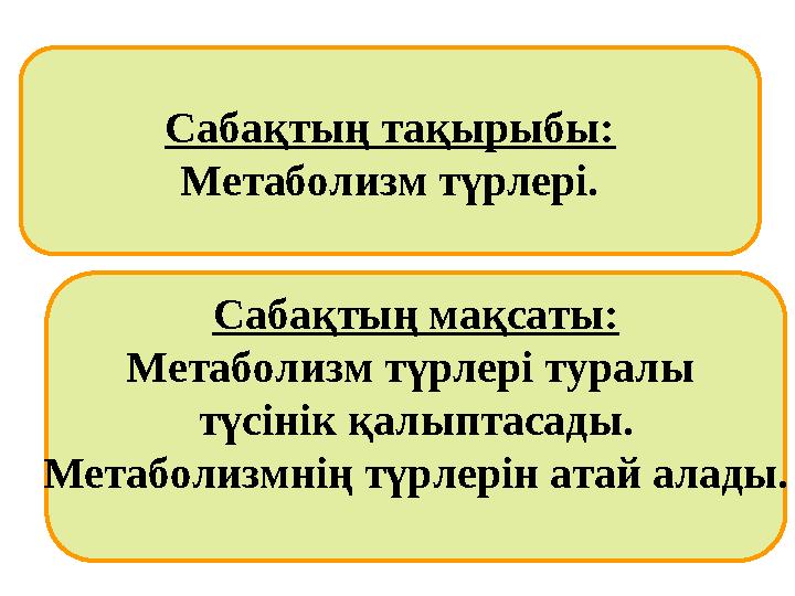 Сабақтың тақырыбы: Метаболизм түрлері. Сабақтың мақсаты: Метаболизм түрлері туралы түсінік қалыптасады. Метаболизмнің түрлерін