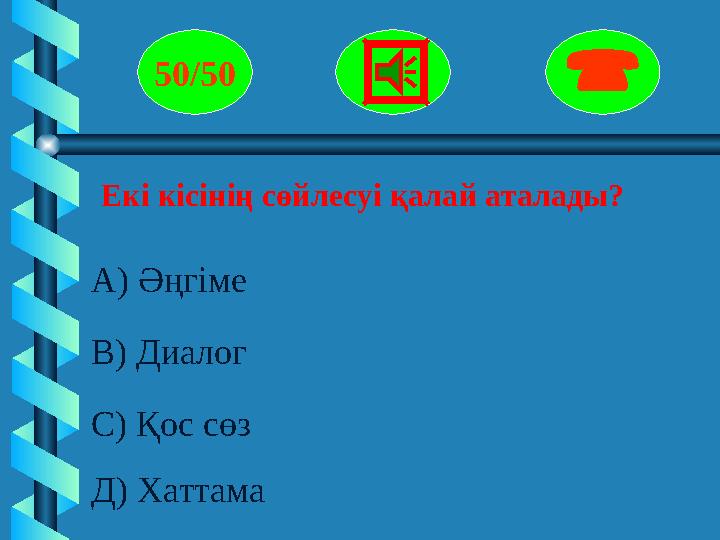 Екі кісінің сөйлесуі қалай аталады? 50/50  А) Әңгіме В) Диалог С) Қос сөз Д) Хаттама