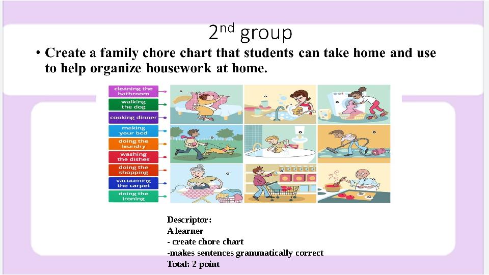 Descriptor: A learner - create chore chart -makes sentences grammatically correct Total: 2 point