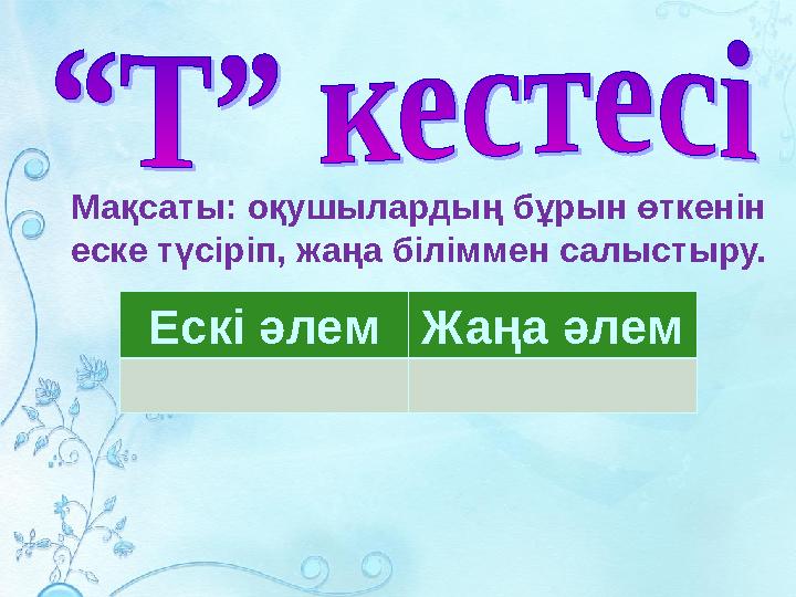 Мақсаты: оқушылардың бұрын өткенін еске түсіріп, жаңа біліммен салыстыру. Ескі әлемЖаңа әлем